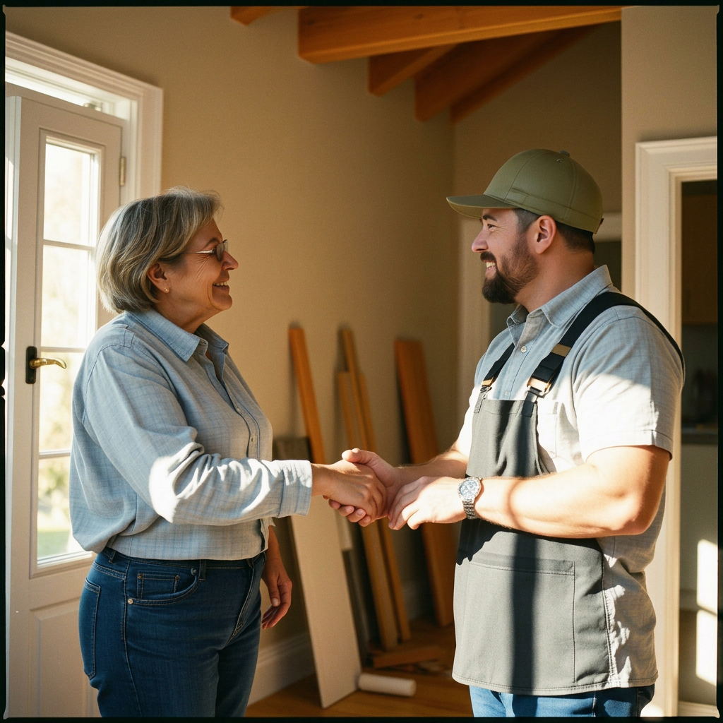 Homeowner shaking hands with a trusted contractor in a bright, partially renovated home