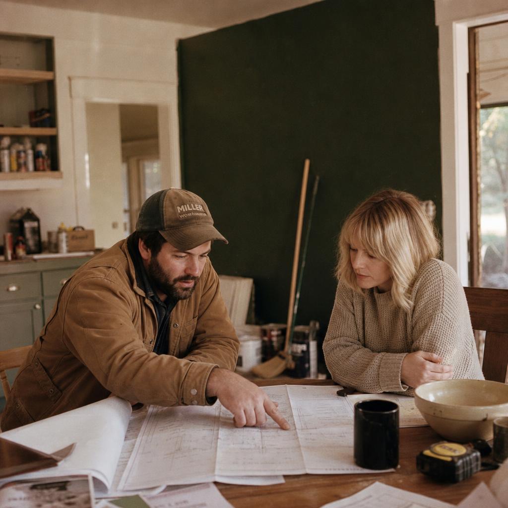 Homeowner and advisor reviewing blueprints together at a kitchen table during a renovation consultation
